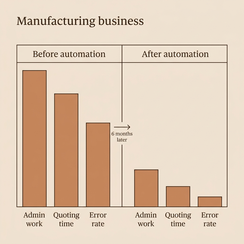 Bar chart showing admin work, quoting time and error rate dropping significantly after automation